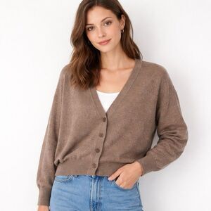 GLACIER Lusso Cardigan Sweater Womens M Taupe V Neck Button Front Wool Blend